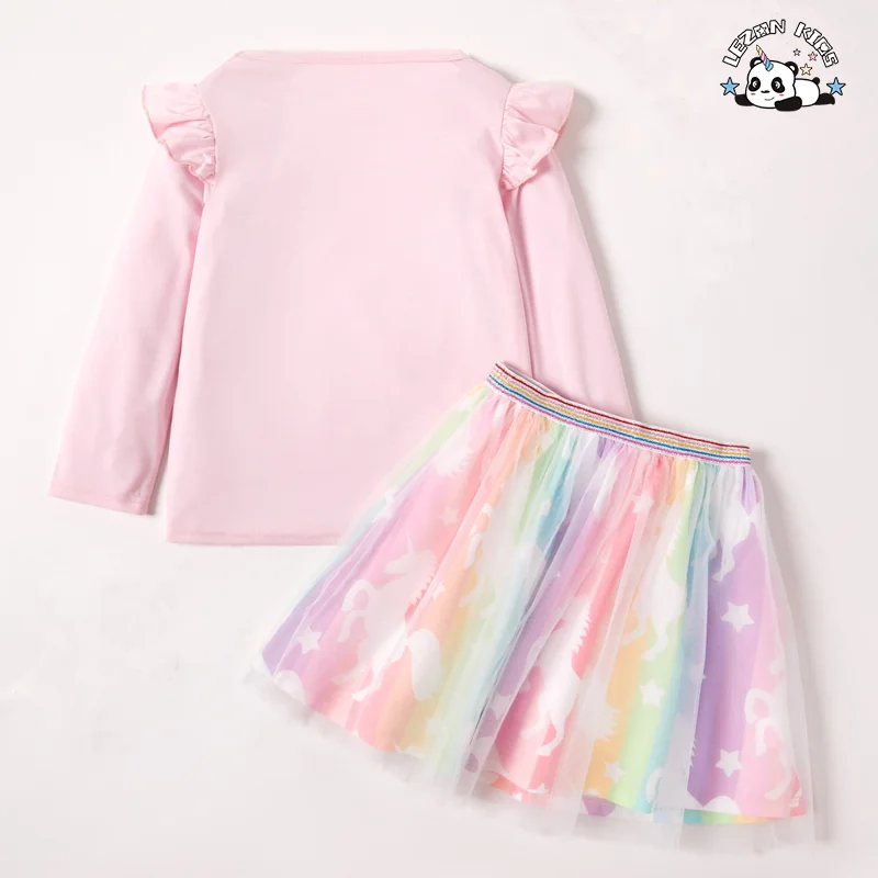 LEZONKIDS - Girls Clothing Dresses Sets Unicorn Print Ruffle Long Sleeve T-shirt Rainbow Tulle Dress Skirt Baby Girls Clothing Sets